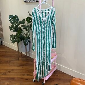Zara Green and White Crochet Fringe Maxi Dress